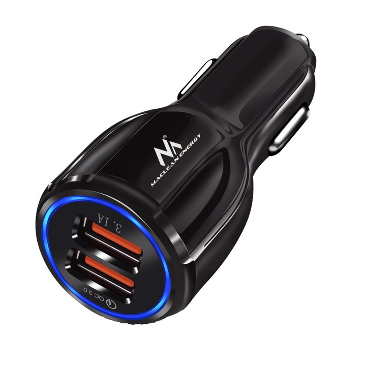 Maclean Energy MCE478 W Autós töltő, QC 3.0 Qualcomm gyorstöltés, 5V / 3A, 9V / 1,8A, 12V / 1,6A és 5V / 3,1A bemenet, fekete