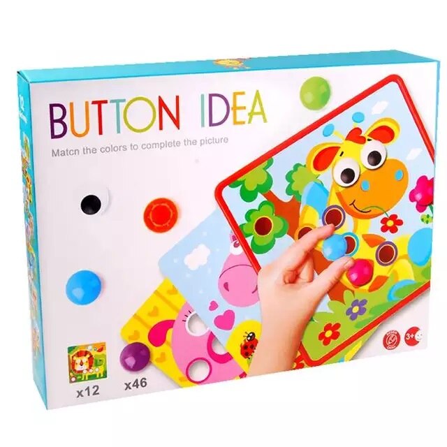 Joc educativ tip mozaic Button Idea, 12 cartonase, 46 de butoni, multicolor