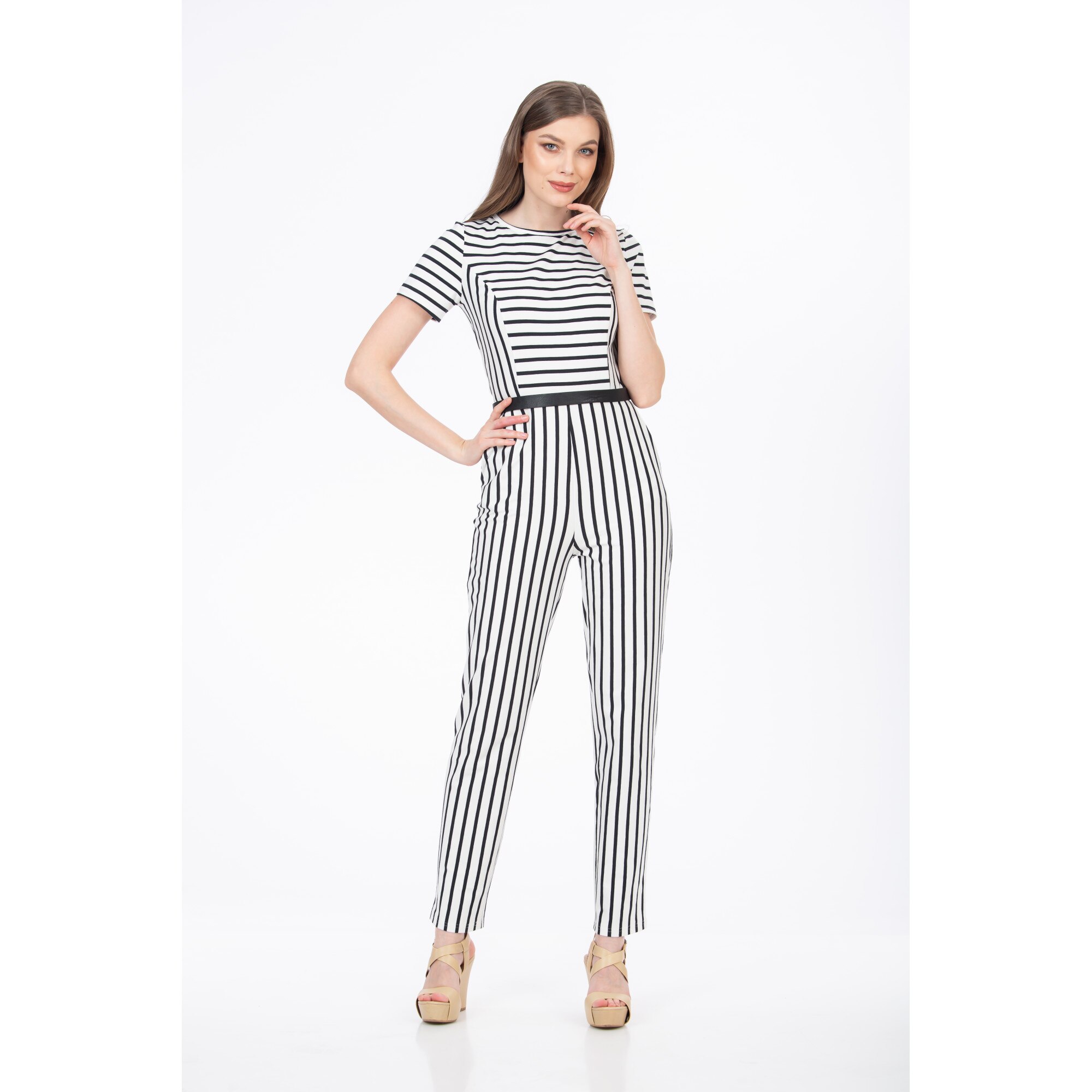 Salopeta Be You cu dungi, tricot, Alb/Bleumarin