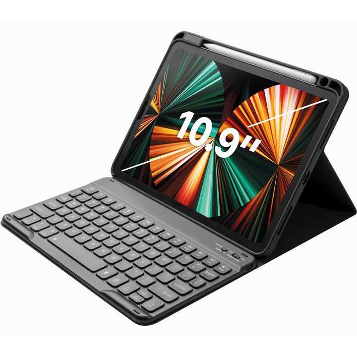 Husa cu Tastatura Zoopie, compatibila cu Apple iPad Air 4 (2020), Air 5 (2022), Air 11'' M2 (2024), Air 11'' M3 (2025), Air 11'' M4 (2026), iPad Pro 11'' Gen 1-4 (2018-2022), Bluetooth, LED, Carcasa Protectie
