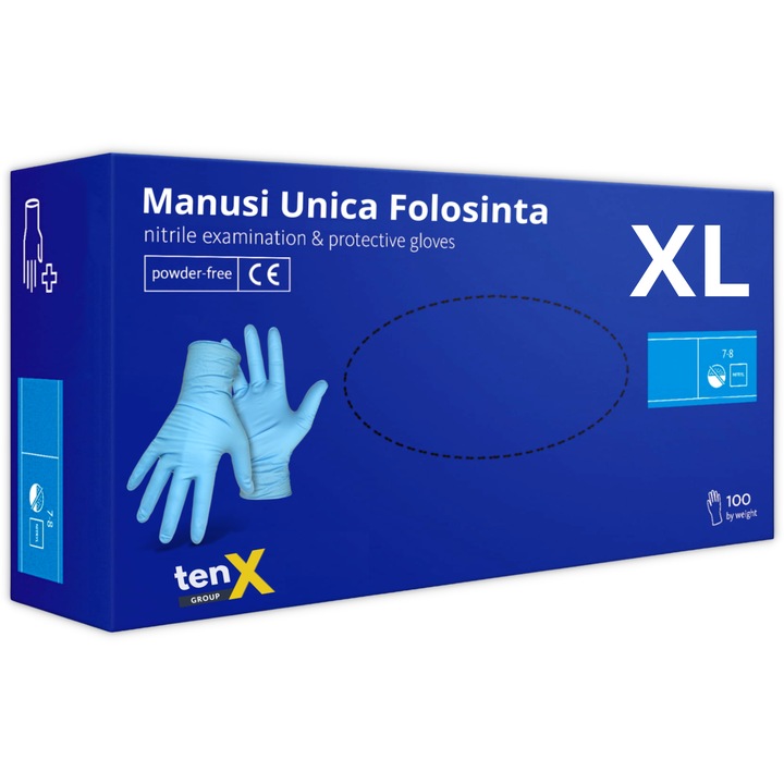 Manusi de unica folosinta din nitril, nepudrate, marime XL, 100 bucati, Albastru