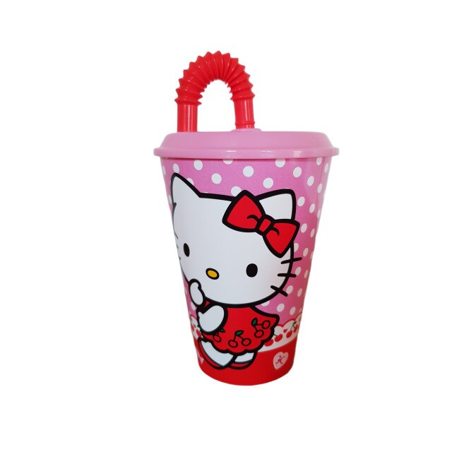 Pahar realizat din material plastic design Hello Kitty cu capac si pai 430ml
