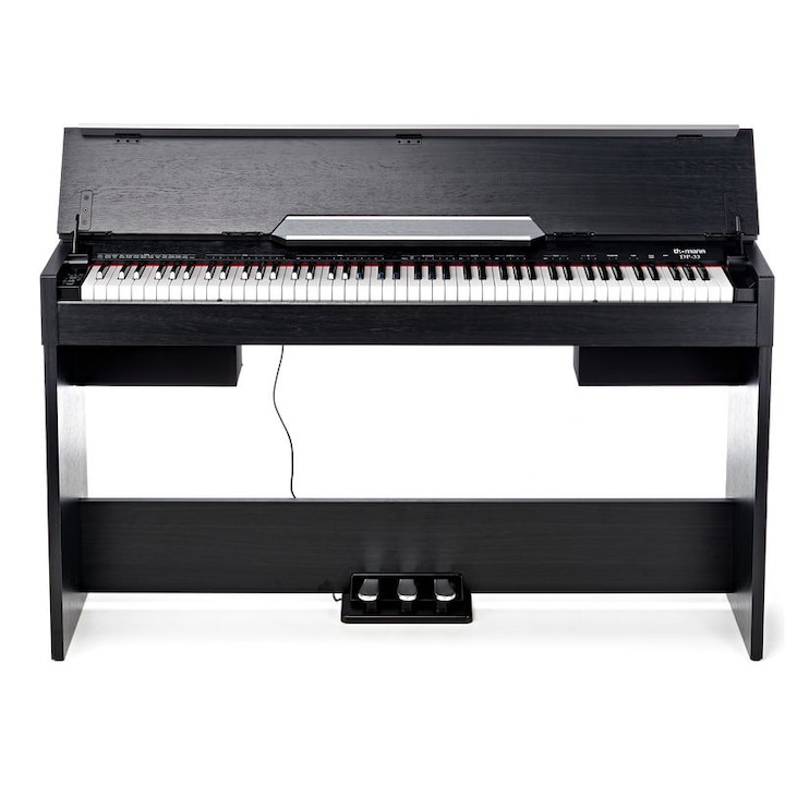 Kompakt digitális zongora, 88 nehéz billentyű, 3 pedál, bútorok, fekete