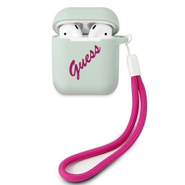 Husa cu holder compatibila cu AirPods Guess Silicone Vintage blue / fucsia