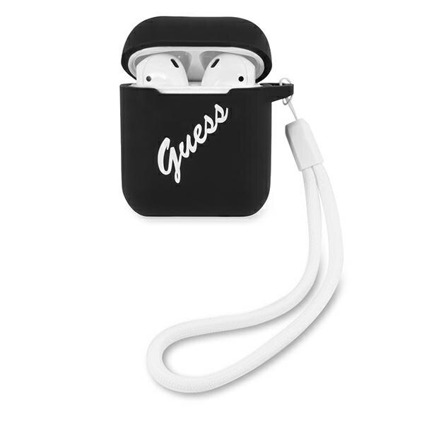 Husa cu holder compatibila cu AirPods Guess Silicone Vintage black / white