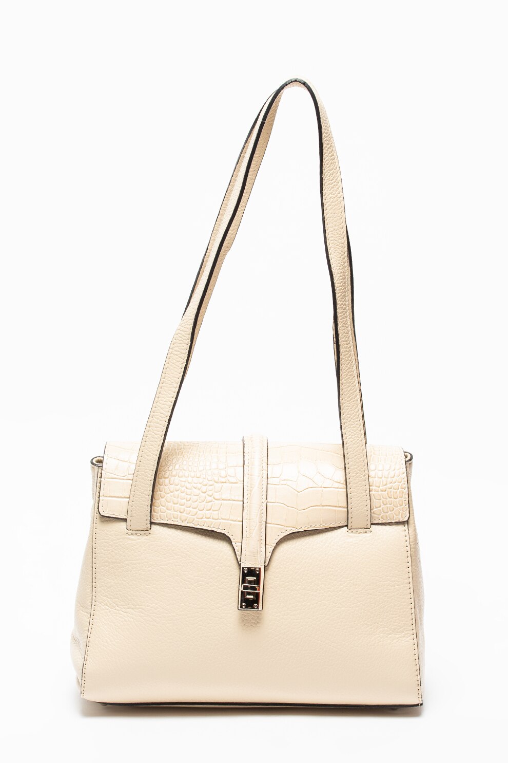 Classeregina, Geanta de piele cu bareta de umar si detalii cu model piele de reptila, Maro nisip