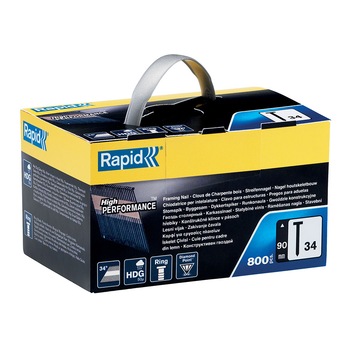Cuie inelate Rapid 34/90 HDG (exterior), in banda unghi 34⁰, galvanizate adanc la cald, cap drept, varf diamantat, 90mm, 800 cuie/cutie cu maner integrat 5000797 Cuie inelate Rapid 34/90 HDG (exterior), in banda unghi 34⁰, galvanizate adanc la cald, cap drept, varf diamantat, 90mm, 800 cuie/cutie cu maner integrat 5000797