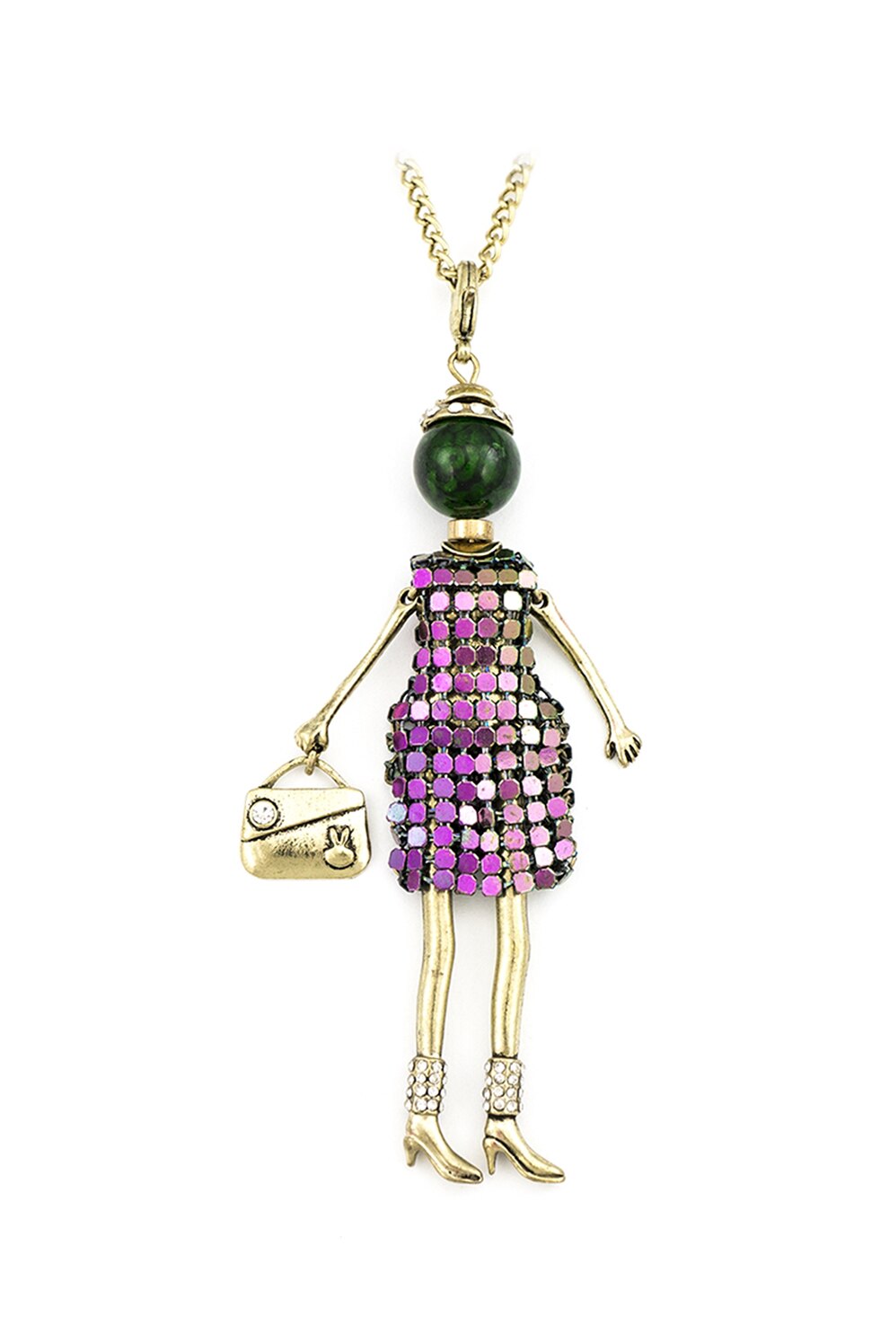 Roxannes - Bambole Milanesi, Colier din lant cu pandantiv papusa, Verde/roz fucsia/auriu deschis