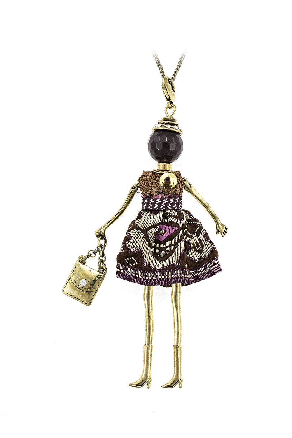 Roxannes - Bambole Milanesi, Colier cu pandantiv cu papusa imbracata, Maro/Auriu