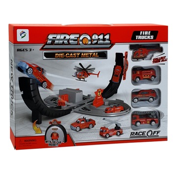 Circuit auto de Pompieri cu masinute metalice, pista de viteza, +3 ani Circuit auto de Pompieri cu masinute metalice, pista de viteza, +3 ani