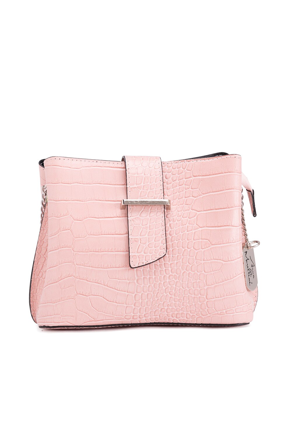 Anna Morellini, Geanta crossbody de piele cu aspect de piele de crocodil Olivia, Roz pastel