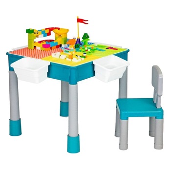 Set masa cu doua fete si scaun pentru copii, o fata pentru cuburile de constructie incluse in pachet, si o fata normala, 4 recipiente pentru depozitare, 51 x 51 x 48 cm Set masa cu doua fete si scaun pentru copii, o fata pentru cuburile de constructie incluse in pachet, si o fata normala, 4 recipiente pentru depozitare, 51 x 51 x 48 cm