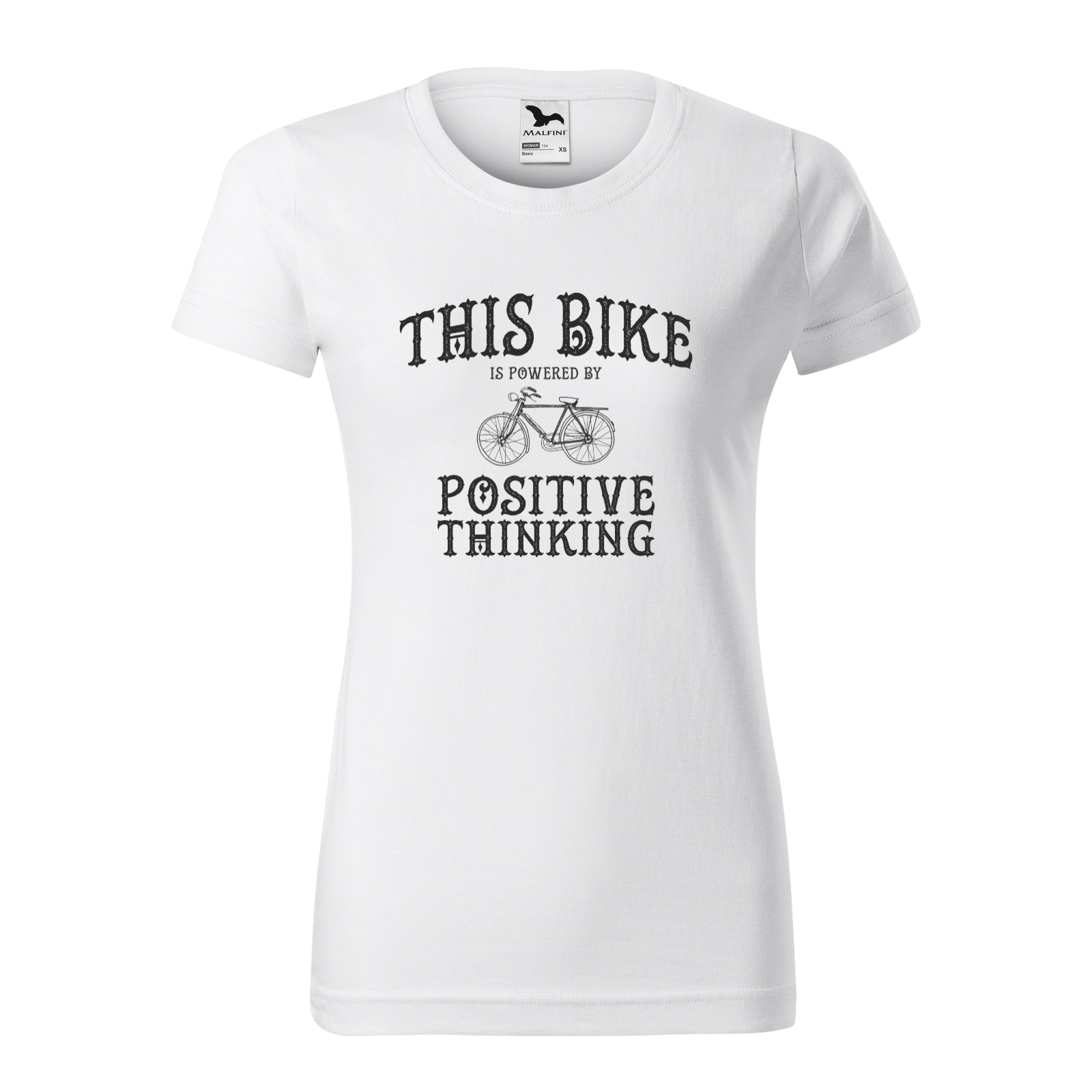 Tricou clasic, la baza gatului, alb, pentru dama, idee de cadou pentru biciclisti, This Bike is Powered by Positive Thinking, marime XS