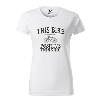 Tricou clasic, la baza gatului, alb, pentru dama, idee de cadou pentru biciclisti, This Bike is Powered by Positive Thinking, marime M Tricou clasic, la baza gatului, alb, pentru dama, idee de cadou pentru biciclisti, This Bike is Powered by Positive Thinking, marime M