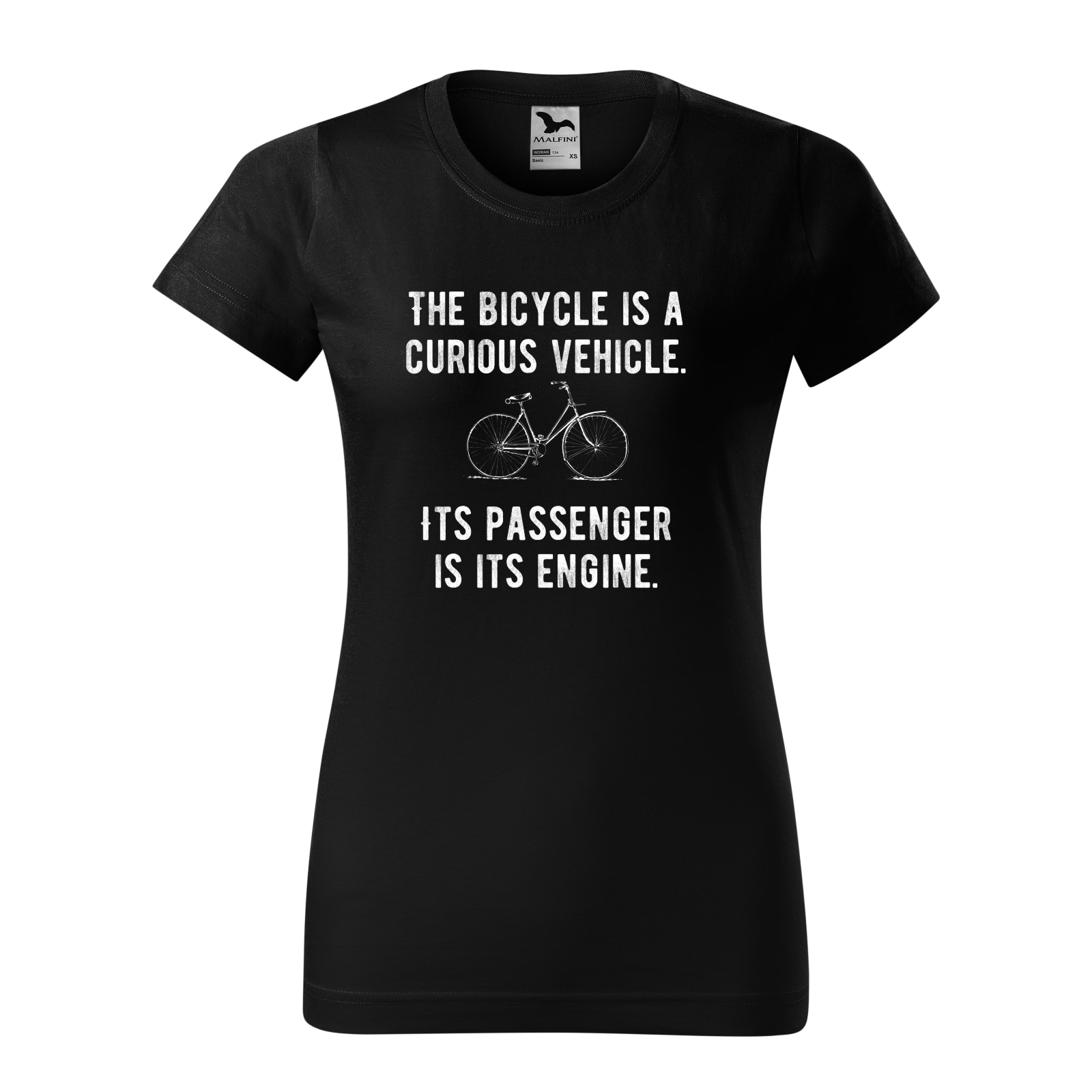 Tricou clasic, la baza gatului, negru, pentru dama, idee de cadou pentru biciclisti, Bicycle is a Curious Vehicle, marime M