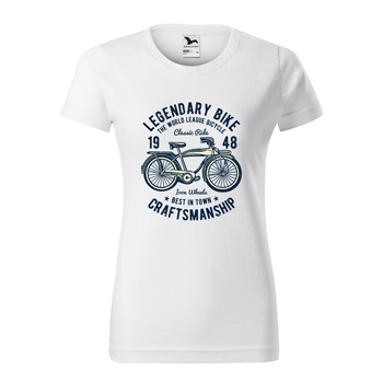 Tricou clasic, la baza gatului, alb, pentru dama, idee de cadou pentru biciclisti, Legendary Bicycle the World League, marime XS Tricou clasic, la baza gatului, alb, pentru dama, idee de cadou pentru biciclisti, Legendary Bicycle the World League, marime XS