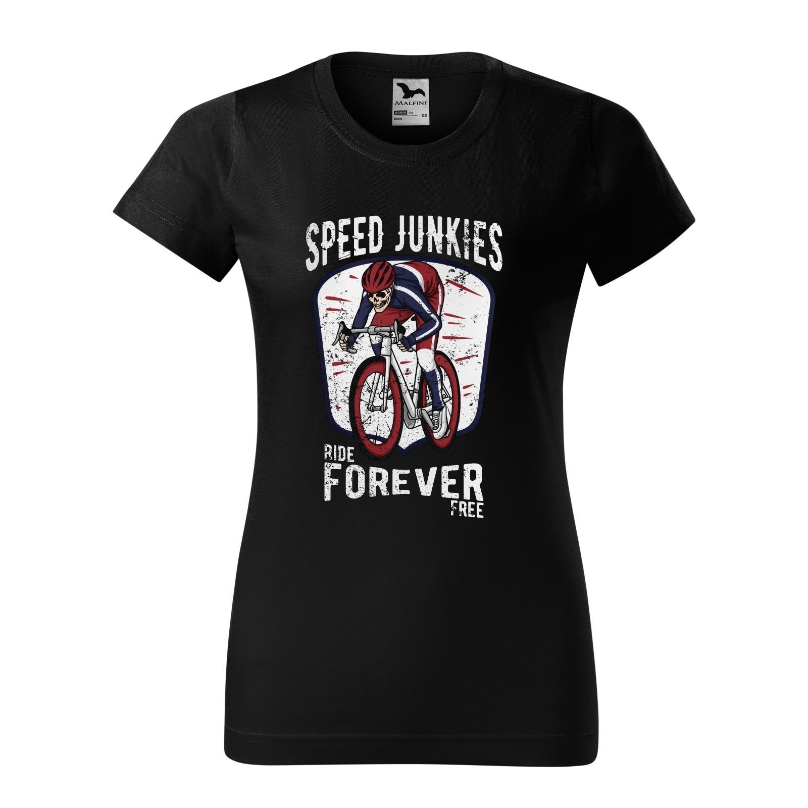 Tricou clasic, la baza gatului, negru, pentru dama, idee de cadou pentru biciclisti, Speed Junkies Ride Forever Forever Free, marime 2XL