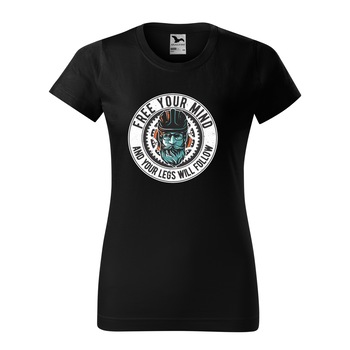Tricou clasic, la baza gatului, negru, pentru dama, idee de cadou pentru biciclisti, Free You Mind and The Legs Will Follow, marime XS