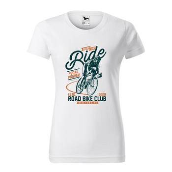Tricou clasic, la baza gatului, alb, pentru dama, idee de cadou pentru biciclisti, Enjoy the Ride Pedal Pusher, marime XS Tricou clasic, la baza gatului, alb, pentru dama, idee de cadou pentru biciclisti, Enjoy the Ride Pedal Pusher, marime XS