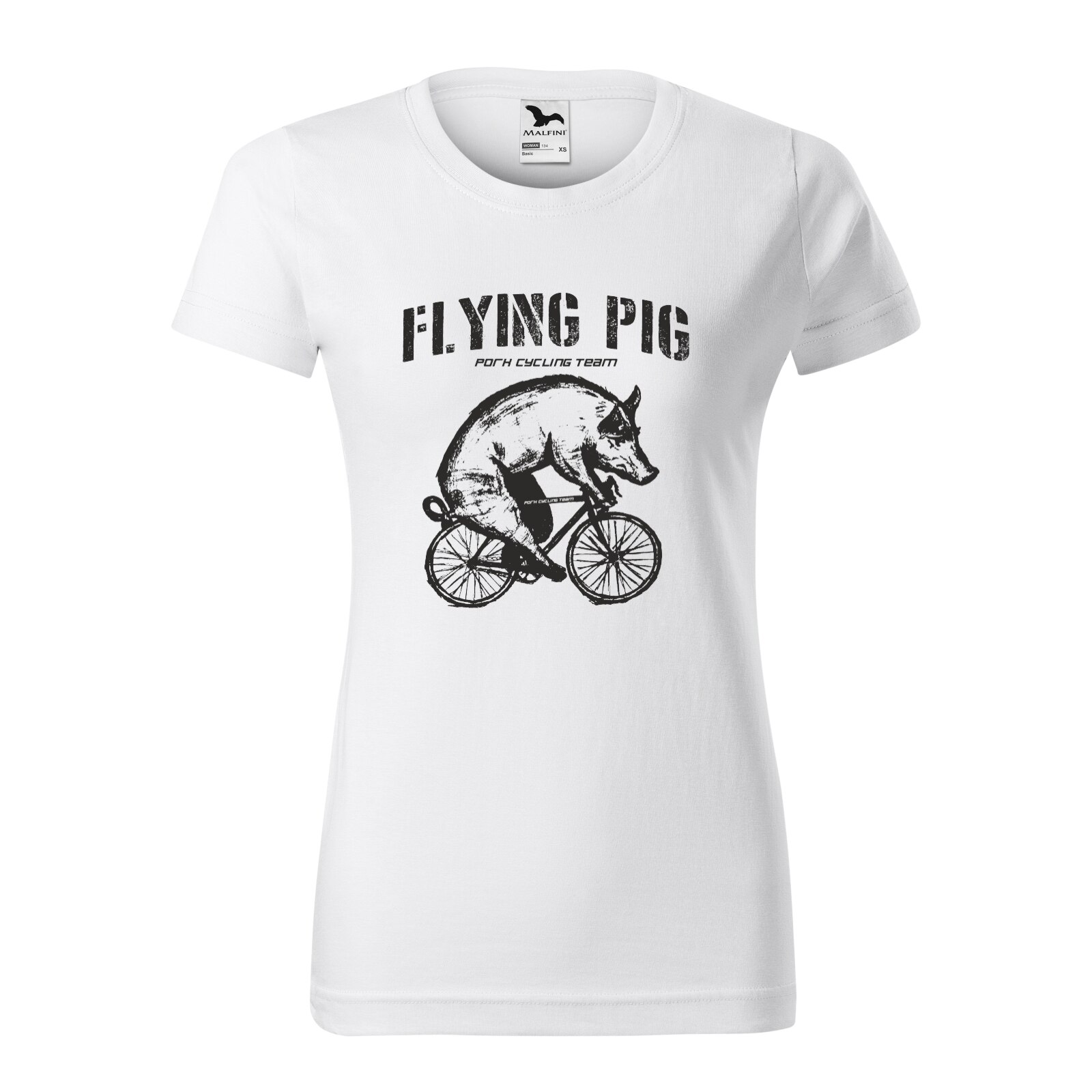 Tricou clasic, la baza gatului, alb, pentru dama, idee de cadou pentru biciclisti, Flying Pig Pork Cycling Team, marime S