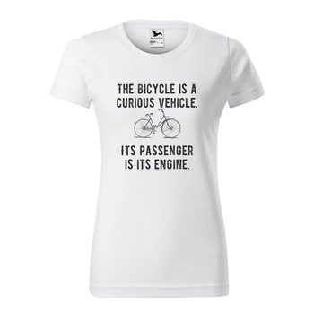 Tricou clasic, la baza gatului, alb, pentru dama, idee de cadou pentru biciclisti, Bicycle is a Curious Vehicle, marime 2XL Tricou clasic, la baza gatului, alb, pentru dama, idee de cadou pentru biciclisti, Bicycle is a Curious Vehicle, marime 2XL
