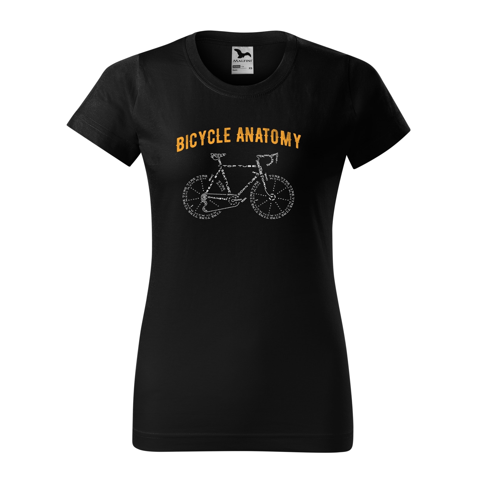 Tricou clasic, la baza gatului, negru, pentru dama, idee de cadou pentru biciclisti, Bicycle Anatomy, marime XS