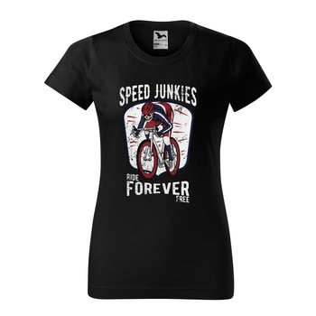 Tricou clasic, la baza gatului, negru, pentru dama, idee de cadou pentru biciclisti, Speed Junkies Ride Forever Forever Free, marime M