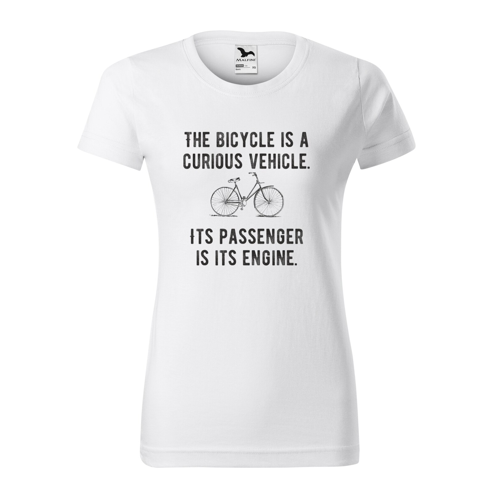 Tricou clasic, la baza gatului, alb, pentru dama, idee de cadou pentru biciclisti, Bicycle is a Curious Vehicle, marime XS