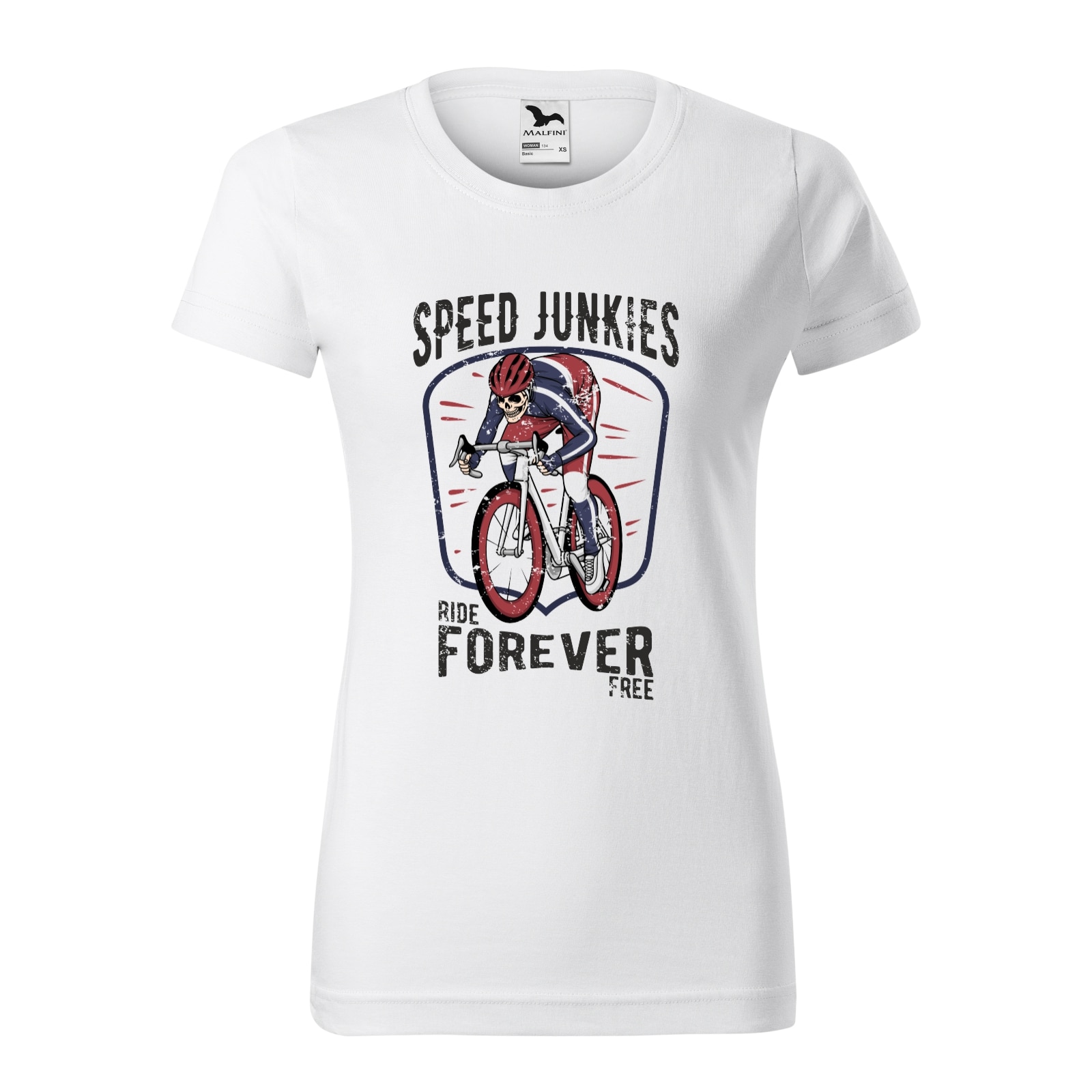 Tricou clasic, la baza gatului, alb, pentru dama, idee de cadou pentru biciclisti, Speed Junkies Ride Forever Forever Free, marime XL