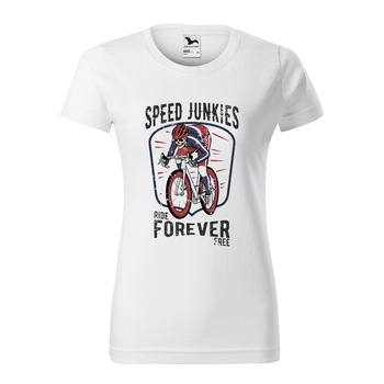 Tricou clasic, la baza gatului, alb, pentru dama, idee de cadou pentru biciclisti, Speed Junkies Ride Forever Forever Free, marime L