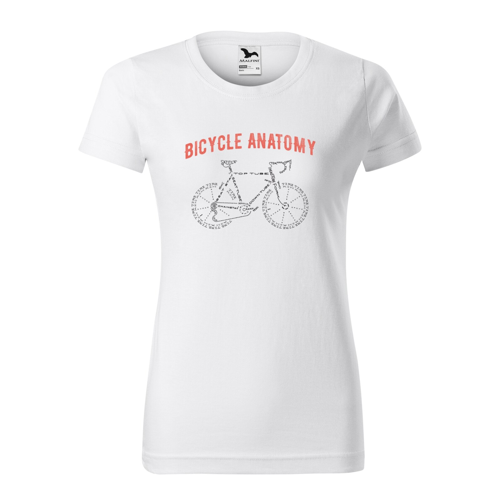 Tricou clasic, la baza gatului, alb, pentru dama, idee de cadou pentru biciclisti, Bicycle Anatomy, marime 2XL