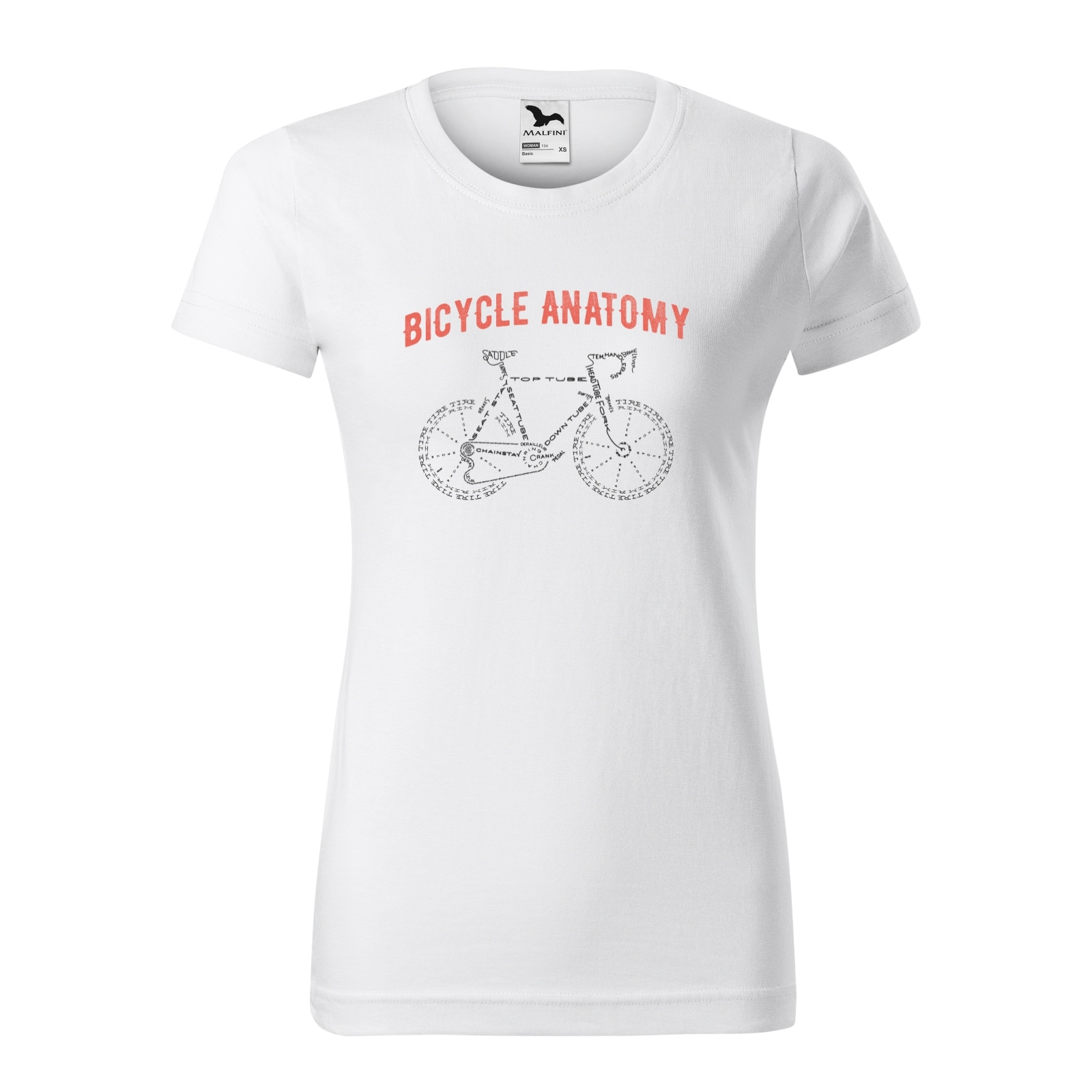Tricou clasic, la baza gatului, alb, pentru dama, idee de cadou pentru biciclisti, Bicycle Anatomy, marime XS