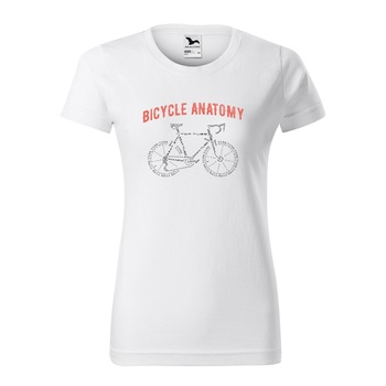 Tricou clasic, la baza gatului, alb, pentru dama, idee de cadou pentru biciclisti, Bicycle Anatomy, marime XS Tricou clasic, la baza gatului, alb, pentru dama, idee de cadou pentru biciclisti, Bicycle Anatomy, marime XS