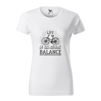 Tricou clasic, la baza gatului, alb, pentru dama, idee de cadou pentru biciclisti, Life is All About Balance, marime 2XL