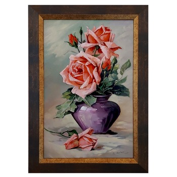 Tablou ArtDeco Trandafiri roz in vaza violet, pictura in ulei pe panza caserata pe MDF, dimensiuni exterioare cu rama 49 cm lungime, 35 cm latime si 2 cm grosime, compozitie proprie Tablou ArtDeco Trandafiri roz in vaza violet, pictura in ulei pe panza caserata pe MDF, dimensiuni exterioare cu rama 49 cm lungime, 35 cm latime si 2 cm grosime, compozitie proprie