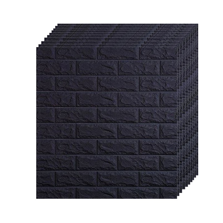 Set 10 x Tapet 3D Autoadeziv, design modern, rezistent la apa, usor de curatat, dimensiuni 77x70cm, model caramida in relief, negru Selling Depot ®