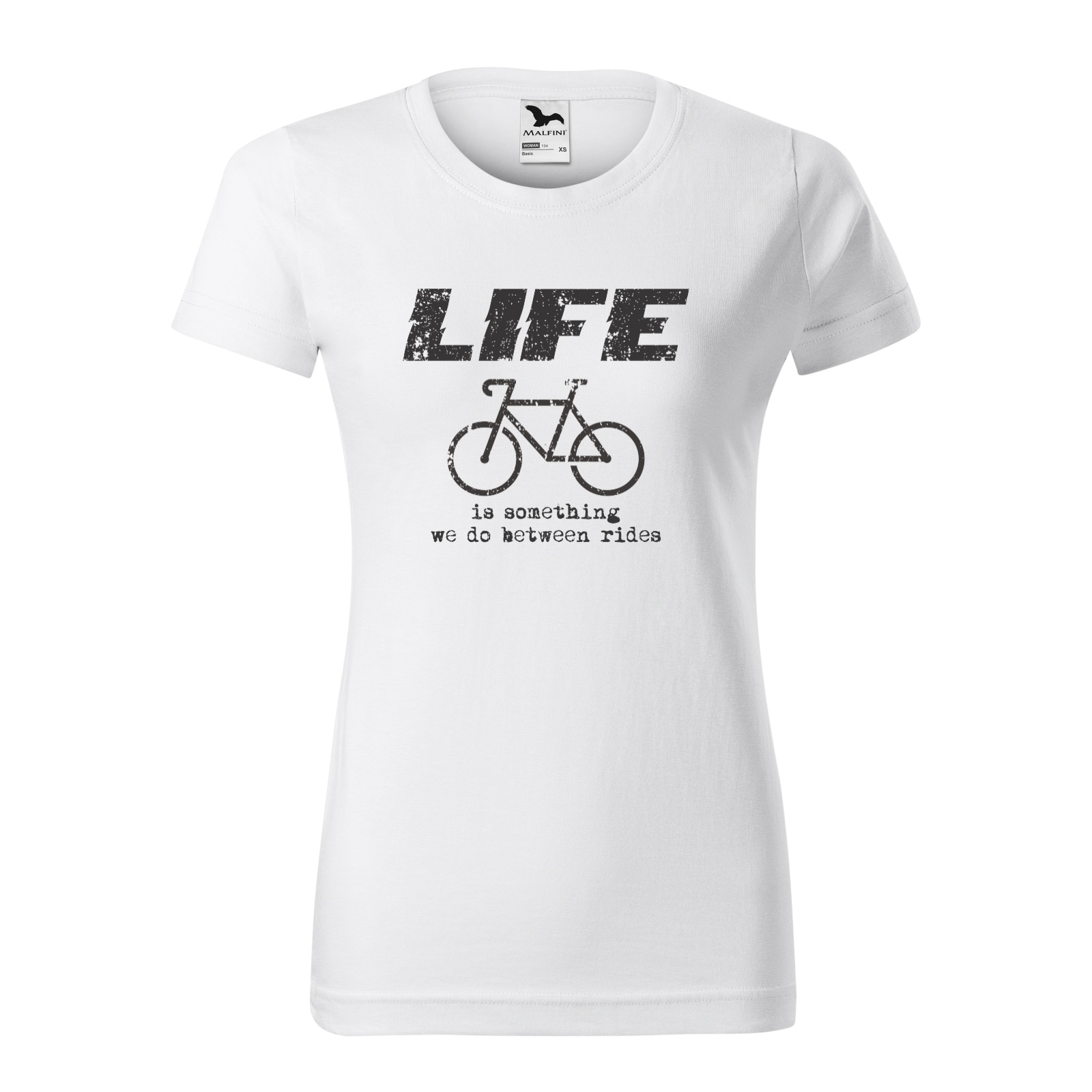 Tricou clasic, la baza gatului, alb, pentru dama, idee de cadou pentru biciclisti, Life is Something we do Between the Rides, marime L