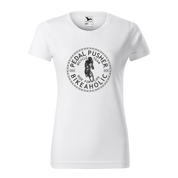 Tricou clasic, la baza gatului, alb, pentru dama, idee de cadou pentru biciclisti, Pedal Pusher BikeAholic, marime M Tricou clasic, la baza gatului, alb, pentru dama, idee de cadou pentru biciclisti, Pedal Pusher BikeAholic, marime M