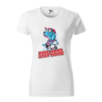 Tricou clasic, la baza gatului, alb, pentru dama, idee de cadou pentru biciclisti, Ride Hard or Stay Home, marime XS Tricou clasic, la baza gatului, alb, pentru dama, idee de cadou pentru biciclisti, Ride Hard or Stay Home, marime XS