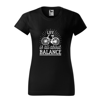 Tricou clasic, la baza gatului, negru, pentru dama, idee de cadou pentru biciclisti, Life is All About Balance, marime XS