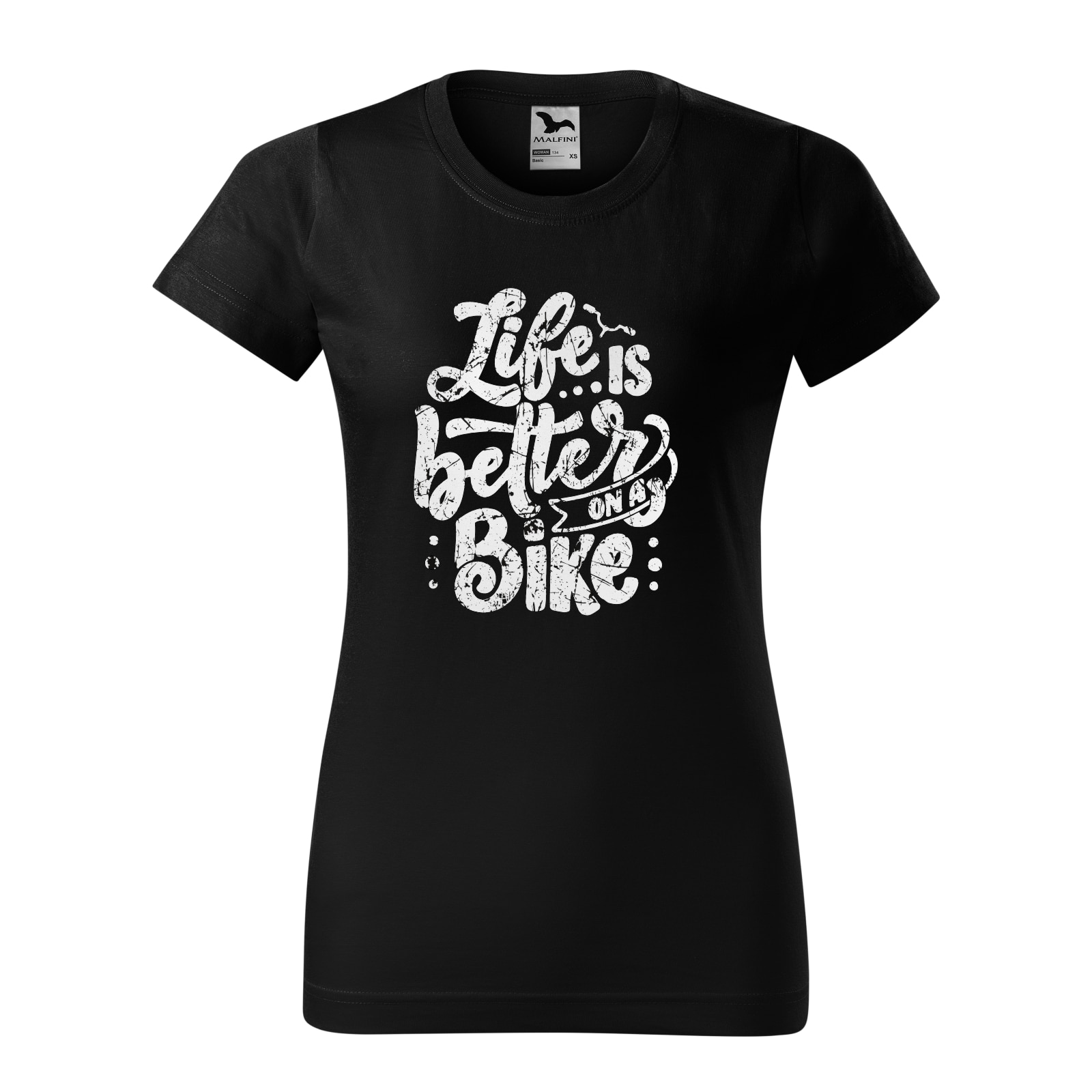 Tricou clasic, la baza gatului, negru, pentru dama, idee de cadou pentru biciclisti, Life is Better on a Bicycle, marime S