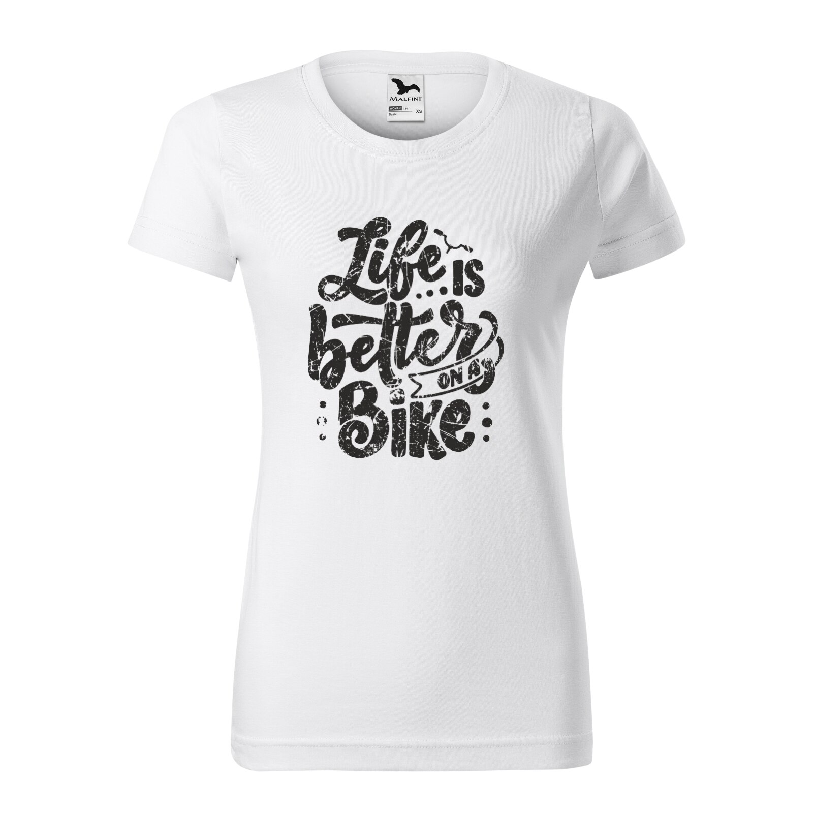 Tricou clasic, la baza gatului, alb, pentru dama, idee de cadou pentru biciclisti, Life is Better on a Bicycle, marime XS