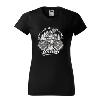 Tricou clasic, la baza gatului, negru, pentru dama, idee de cadou pentru biciclisti, Keep Calm and Spin Pedals, marime S Tricou clasic, la baza gatului, negru, pentru dama, idee de cadou pentru biciclisti, Keep Calm and Spin Pedals, marime S