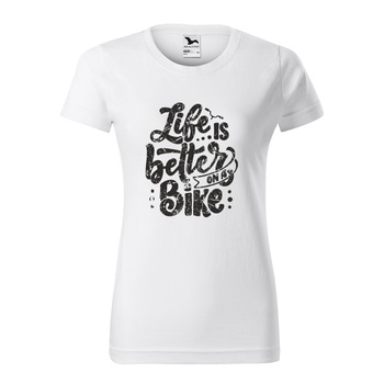 Tricou clasic, la baza gatului, alb, pentru dama, idee de cadou pentru biciclisti, Life is Better on a Bicycle, marime M Tricou clasic, la baza gatului, alb, pentru dama, idee de cadou pentru biciclisti, Life is Better on a Bicycle, marime M