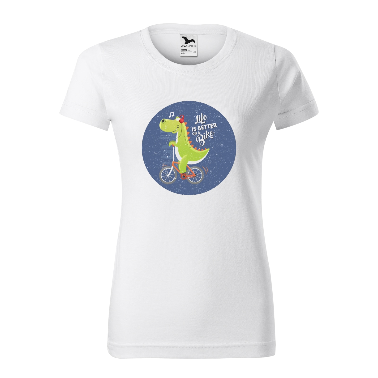 Tricou clasic, la baza gatului, alb, pentru dama, idee de cadou pentru biciclisti, Life is Better on a Bike Singing Dinosaur, marime XS