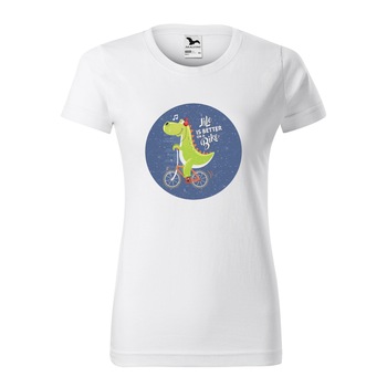 Tricou clasic, la baza gatului, alb, pentru dama, idee de cadou pentru biciclisti, Life is Better on a Bike Singing Dinosaur, marime S Tricou clasic, la baza gatului, alb, pentru dama, idee de cadou pentru biciclisti, Life is Better on a Bike Singing Dinosaur, marime S