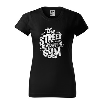 Tricou clasic, la baza gatului, negru, pentru dama, idee de cadou pentru biciclisti, The Street is my Gym, marime XL Tricou clasic, la baza gatului, negru, pentru dama, idee de cadou pentru biciclisti, The Street is my Gym, marime XL