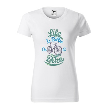 Tricou clasic, la baza gatului, alb, pentru dama, idee de cadou pentru biciclisti, Life is Better on a Bike, marime S Tricou clasic, la baza gatului, alb, pentru dama, idee de cadou pentru biciclisti, Life is Better on a Bike, marime S