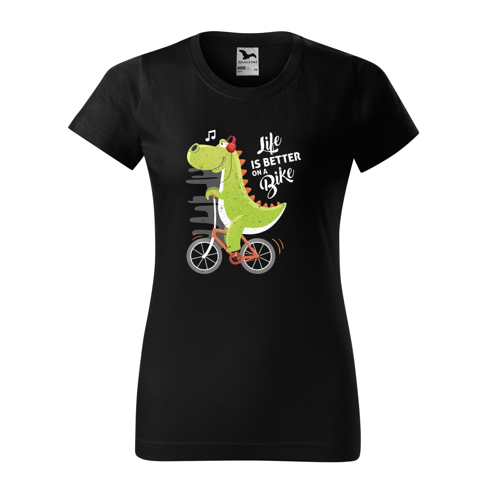 Tricou clasic, la baza gatului, negru, pentru dama, idee de cadou pentru biciclisti, Life is Better on a Bike Singing Dinosaur, marime S