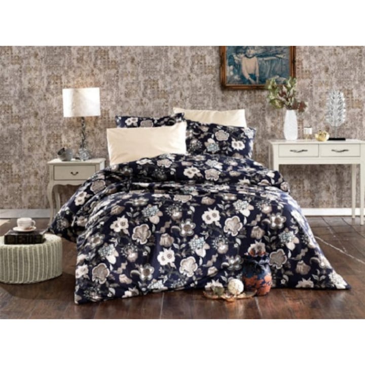 Спално бельо Terpe Floral Bleumarin, Ранфорс, За 2 души, 50X70, 180X200